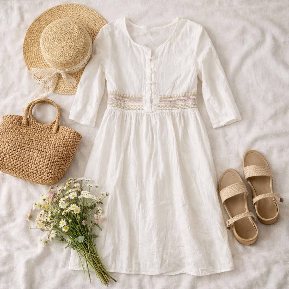 Women’s White Boho Peasant Midi Dress 2XL Embroidered Empire Waist Cottagecore - Picture 3 of 14